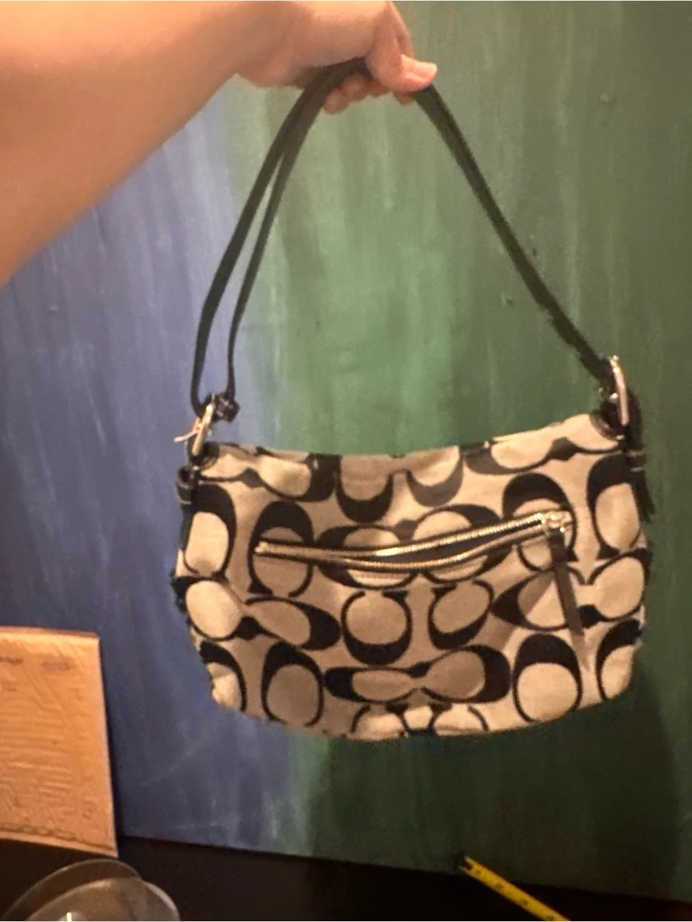 Coach Black and Cream Signature Canvas Shoulder Bag with Turn-Lock